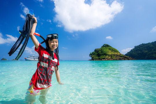 Asian girl travel Thailand sea in Phuket