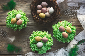 Obraz na płótnie Canvas Easter cupcakes decorated with green grass frosting and easter candy eggs on wooden background with speckled feathers and bird nest