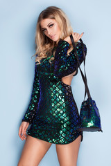 Fashionable woman posing  in mini dress .
