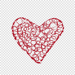 Hand drawn heart on transparent background, happy valentines day, red vector illustration. Cute love wallpaper. Abstract design, romantic holiday decoration