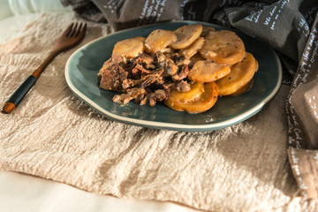 juicy steak veal beef meat with tomato and potatoes