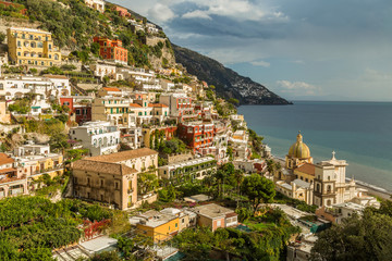 Positano, a cliffside village on southern Italy's Amalfi Coast. A well-known holiday destination with a pebble beachfront and steep, narrow streets lined with boutiques and cafes.