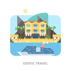 Beach summer landscape. Best hotel building on island, best choise. Cruise on liner. Vacation, relaxation, ocean, sun, palms. Vector flat illustration.