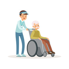 Cheerful teen boy pushing old man on wheelchair. Disability assistance. Kid volunteer in blue cap, shirt and jeans. Cartoon people character. Flat vector design