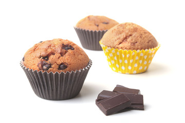 Homemade muffin with raisins and chocolate cupcake. selective focus