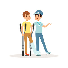 Cheerful volunteer helping boy with crutches. Leg in plaster. Social help. Activist in blue cap, t-shirt and jeans. Cartoon teenagers character. Flat vector design