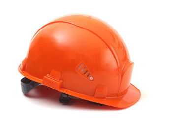 worker orange hard hat on white background. Safety helmet.