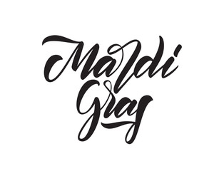 Vector illustration: Handwritten calligraphy brush lettering of Mardi Gras on white background.