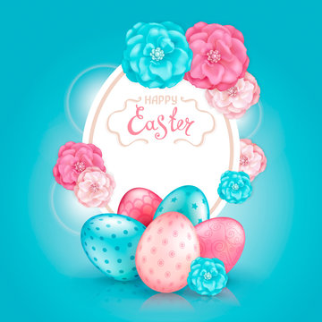Easter greeting card with realistic glossy 3D eggs and decorative roses flowers. Inscription Happy Easter. Template for cards, banners, posters, calendars, invitations. 