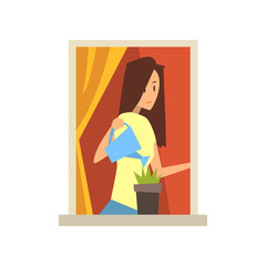 Young caucasian girl standing near window and watering flower. View on apartment building from street. Cartoon brunette woman character. Flat vector design