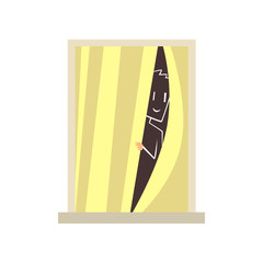 Silhouette of man looking through closed curtains. View on apartment window from street. Architecture detail element. Building facade. Colorful flat vector design