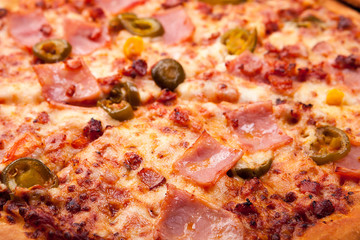 Obraz na płótnie Canvas Close up view of baked homemade piza ingredients
