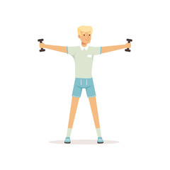Young cosmonaut doing physical exercise. Cartoon man character standing with feet hip-distance apart and raising arms with dumbbells. Guy in shortswear. Flat vector