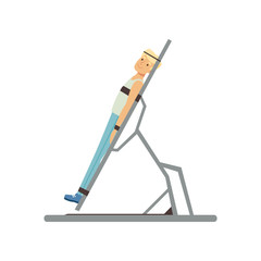 Man preparing for space flight on special simulator. Concept of examination and astronaut testing. Cartoon male character in sports pants and t-shirt. Flat vector