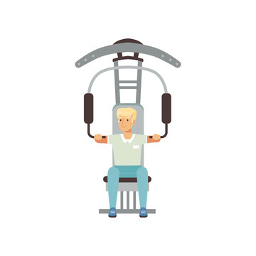 Astronaut physical training. Young man preparing for space flight. Gym equipment. Workout concept. Cartoon male character in shorts and t-shirt. Flat vector design