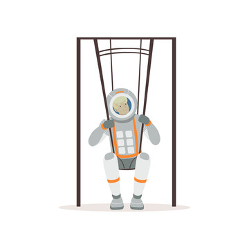 Smiling man in spacesuit training on special swings. Young astronaut preparing for space flight. Testing of physical activity. Colorful flat vector design