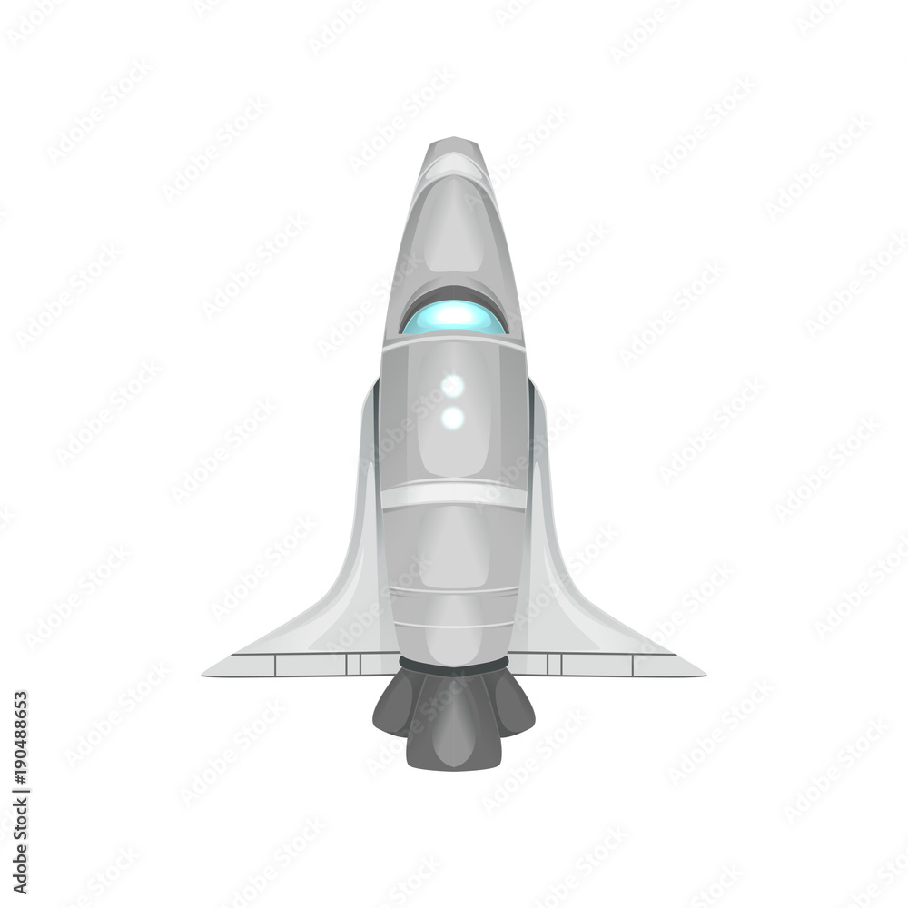 Poster futuristic space shuttle for traveling through universe. detailed silver or metallic spacecraft. car