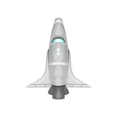 Futuristic space shuttle for traveling through universe. Detailed silver or metallic spacecraft. Cartoon spaceship. Galaxy theme. Colorful flat vector design