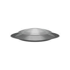 Extraterrestrial spacecraft in disc shape. Silver unidentified flying object. Futuristic alien vessel. Galaxy, cosmos theme. Colorful flat vector design
