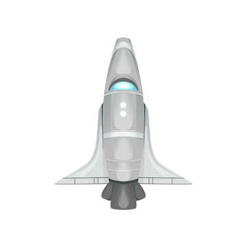 Futuristic space shuttle for traveling through universe. Detailed silver or metallic spacecraft. Cartoon spaceship. Galaxy theme. Colorful flat vector design