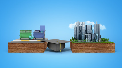 Education career opportunities concept The graduate's hat as a bridge from poverty to success 3d render on blue