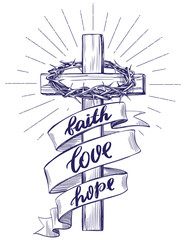 crown of thorns, wooden cross. Easter . symbol of Christianity hand drawn vector illustration sketch