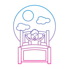 boy wake up stretching in wooden bed and morning day sun cloud vector illustration