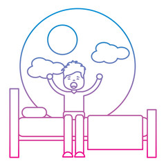 young man waking up sitting on bed vector illustration