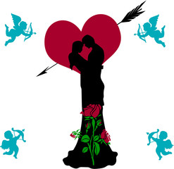 Loving couple beautifully decorated (rose and heart), collage for Valentines day, silhouette on white background with flying angels,