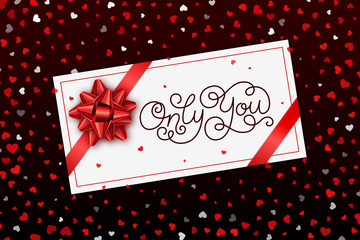Naklejka na ściany i meble Valentines day card with a modern lettering, red bow and hearts on background. Template for a banner, poster, notebook, invitation