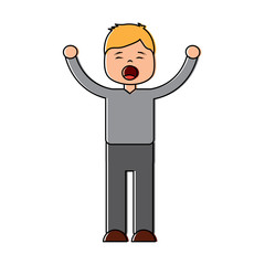 young cartoon boy yawning stretching arms vector illustration