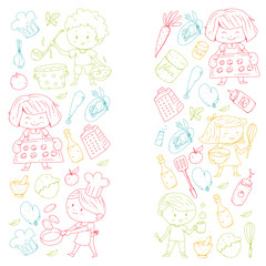 Chilren menu, kids cafe, restaurant. Kindergarten and preschool, school boys and girls. Healthy food and drink. Bakery, fruits, vegetables. Cooking class.