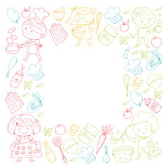 Chilren menu, kids cafe, restaurant. Kindergarten and preschool, school boys and girls. Healthy food and drink. Bakery, fruits, vegetables. Cooking class.