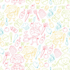 Chilren menu, kids cafe, restaurant. Kindergarten and preschool, school boys and girls. Healthy food and drink. Bakery, fruits, vegetables. Cooking class.