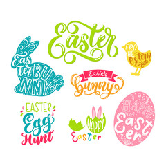 .Easter labels set with lettering. Hand drawn elements for Easter design: bunny, egg hunt, chicken etc. Vector illustration.