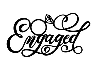 Engaged lettering inscription with ring. Wedding cake topper for laser or milling cut. Modern calligraphy for invitations, cupcakes, greeting cards etc. Vector illustration