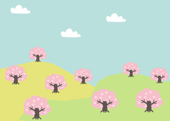 桜の木の風景。春の野山の風景。桜の花の風景。