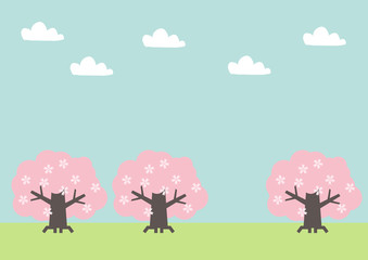 桜の木の風景。春の野山の風景。桜の花の風景。