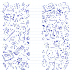 Children. School and kindergarten. Creativity and education. Music. Exploration. Science. Imagination. Play and study. Cooking. Singing. Reading. Different hobby and lessons. Vector illustration