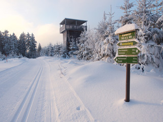 Wegweiser mit Skiloipe am Rennsteig mit Wintersonne, Skispur im Schnee