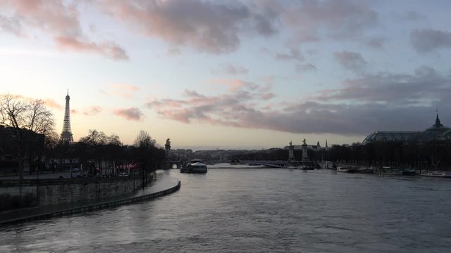 Paris,France-January 22, 2018: View of the rising Seine river and Pont Alexandre III from Pont de la Concorde