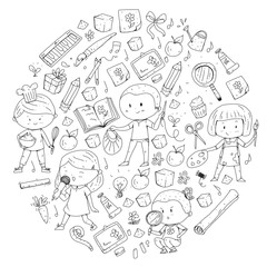 Children. School and kindergarten. Creativity and education. Music. Exploration. Science. Imagination. Play and study. Cooking. Singing. Reading. Different hobby and lessons. Vector illustration