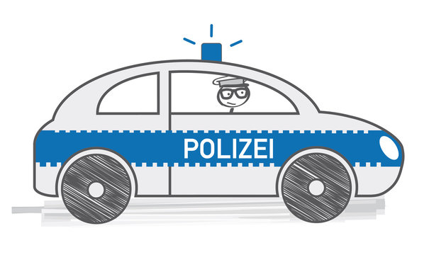 Polizist im Einsartz f&auml;hrt mit Polizeiauto