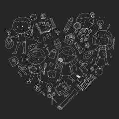 Children. School and kindergarten. Creativity and education. Music. Exploration. Science. Imagination. Play and study. Cooking. Singing. Reading. Different hobby and lessons. Vector illustration