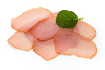 Sliced boiled ham sausage isolated on white background, top view.