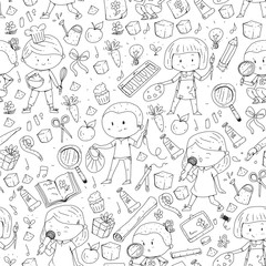 Children. School and kindergarten. Creativity and education. Music. Exploration. Science. Imagination. Play and study. Cooking. Singing. Reading. Different hobby and lessons. Vector illustration