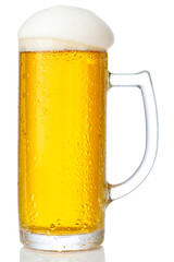 cold mug of beer with foam isolated on white background