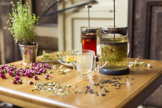 Black and herbal tea. Herbs and flowers