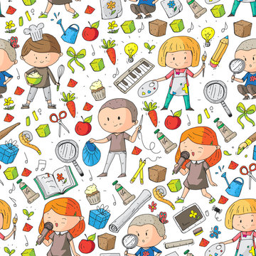 Children. School and kindergarten. Creativity and education. Music. Exploration. Science. Imagination. Play and study. Cooking. Singing. Reading. Different hobby and lessons. Vector illustration