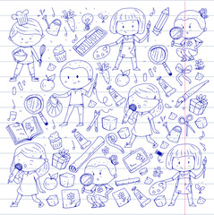 Children. School and kindergarten. Creativity and education. Music. Exploration. Science. Imagination. Play and study. Cooking. Singing. Reading. Different hobby and lessons. Vector illustration